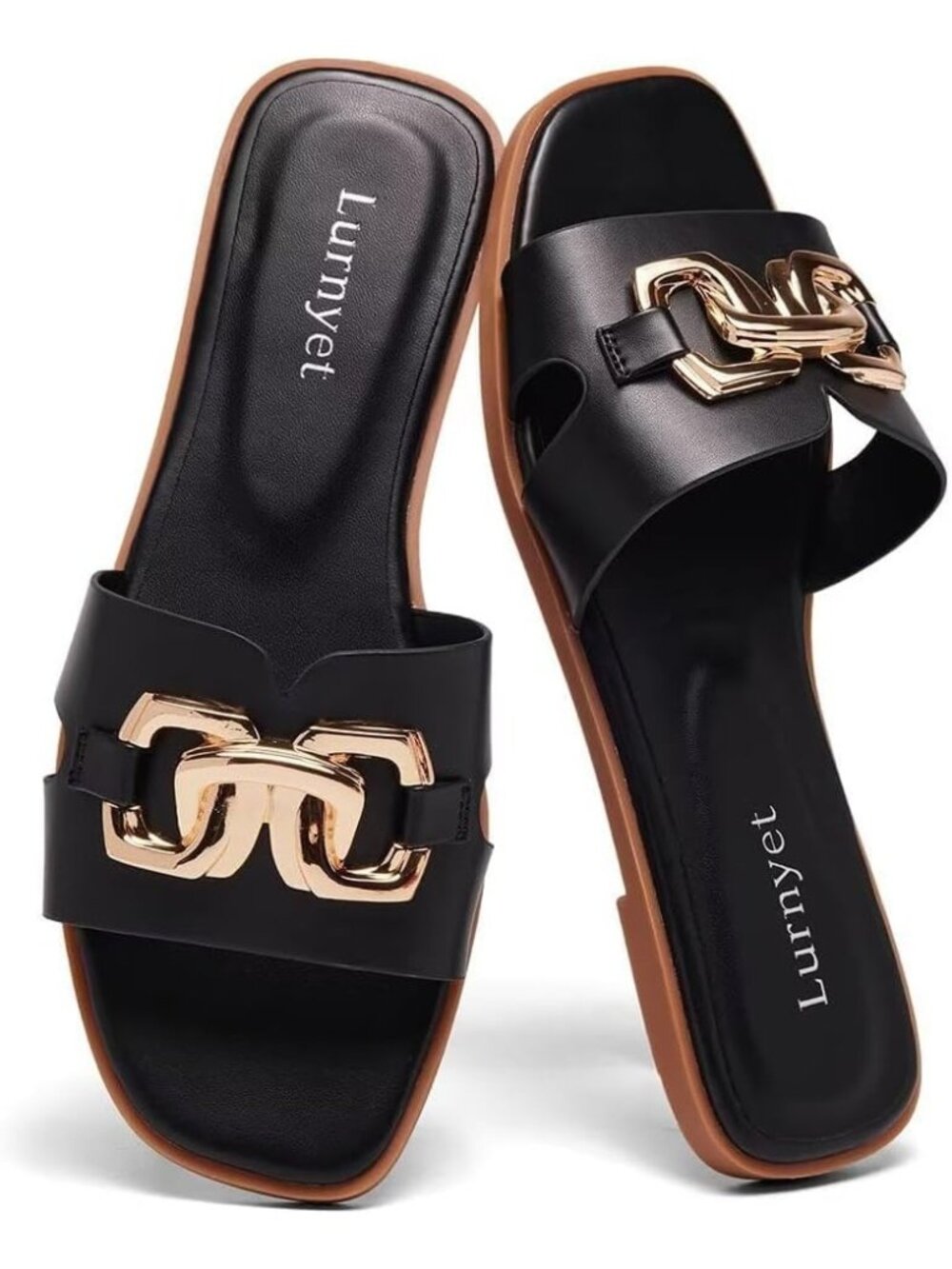 🆕Women's All Black Flat Slide Sandals Dressy Square Open Toe Slip On Beach